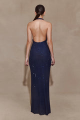 Harriet Halter Neck Diamante Maxi Dress - Navy