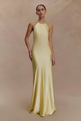 Bella Satin Halter Maxi Dress - Lemon