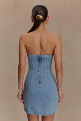 Akira Embroidered Denim Mini Dress - Mid Blue