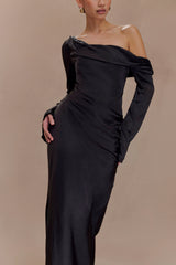 Iris Long Sleeve Satin Maxi Dress - Black