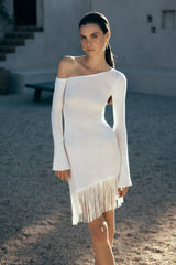 Kayden Fringe Off Shoulder Knit Mini Dress - Ivory