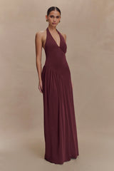 Yelena Ruched Halter Maxi Dress - Mahogany