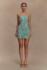 Eloise Hand Beaded Mini Dress - Blue Swirl Print