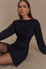 Kassie Belt Tie Knit Mini Dress - Black