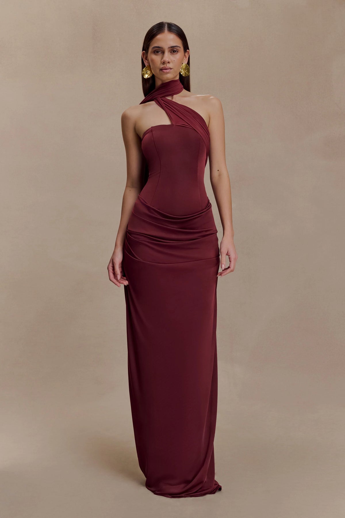 Mattea Slinky And Mesh Maxi Dress With Scarf - Burgundy