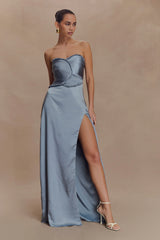 Larissa Satin Maxi Dress With Ruched Petals - Frosted Blue