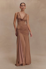 Dania Cowl Neck Slinky Maxi Dress - Mocha Mousse