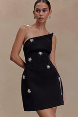 Liva Strapless Diamante Floral Trim Mini Dress - Black