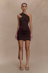 Mattea Slinky And Mesh Mini Dress With Scarf - Dark Chocolate