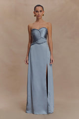 Larissa Satin Maxi Dress With Ruched Petals - Frosted Blue