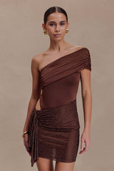 Paisley Slinky And Diamante Mini Dress - Chocolate