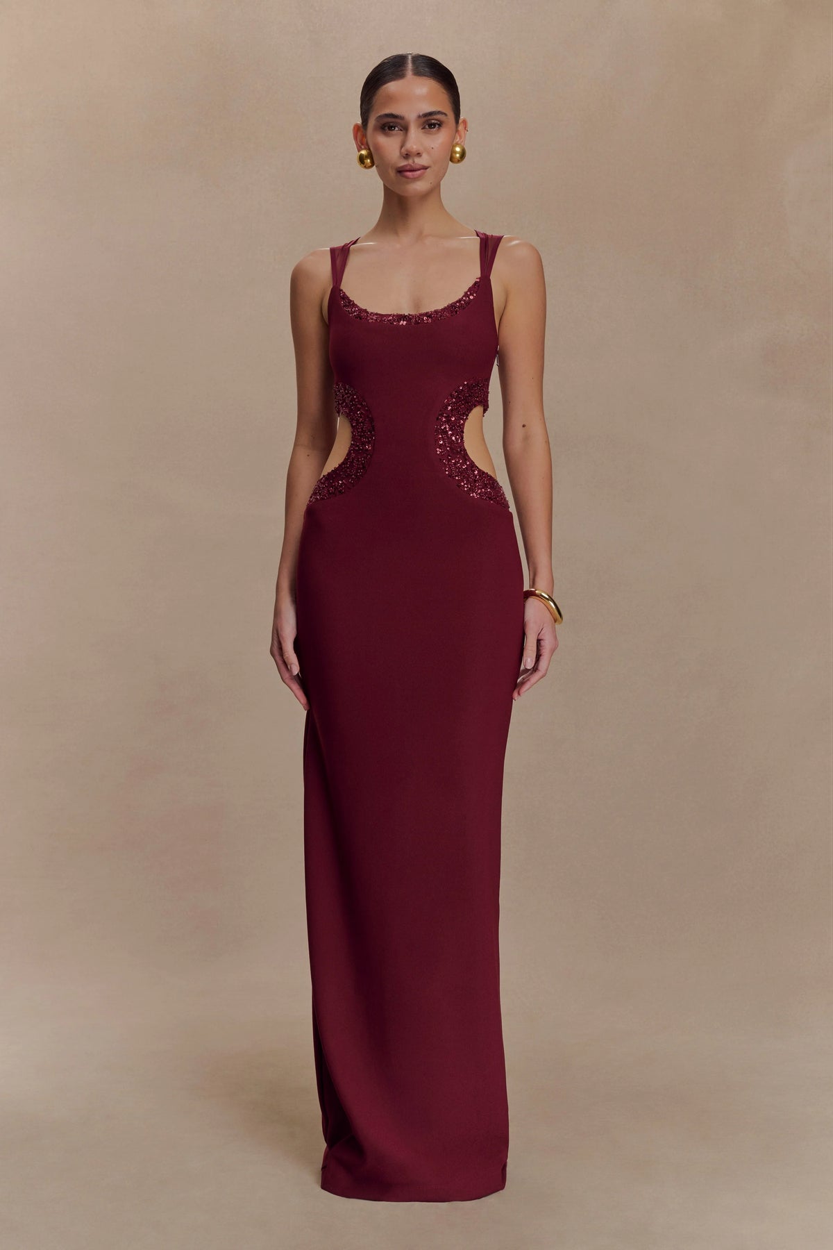 Angelique Beaded Crepe Maxi Dress - Wine