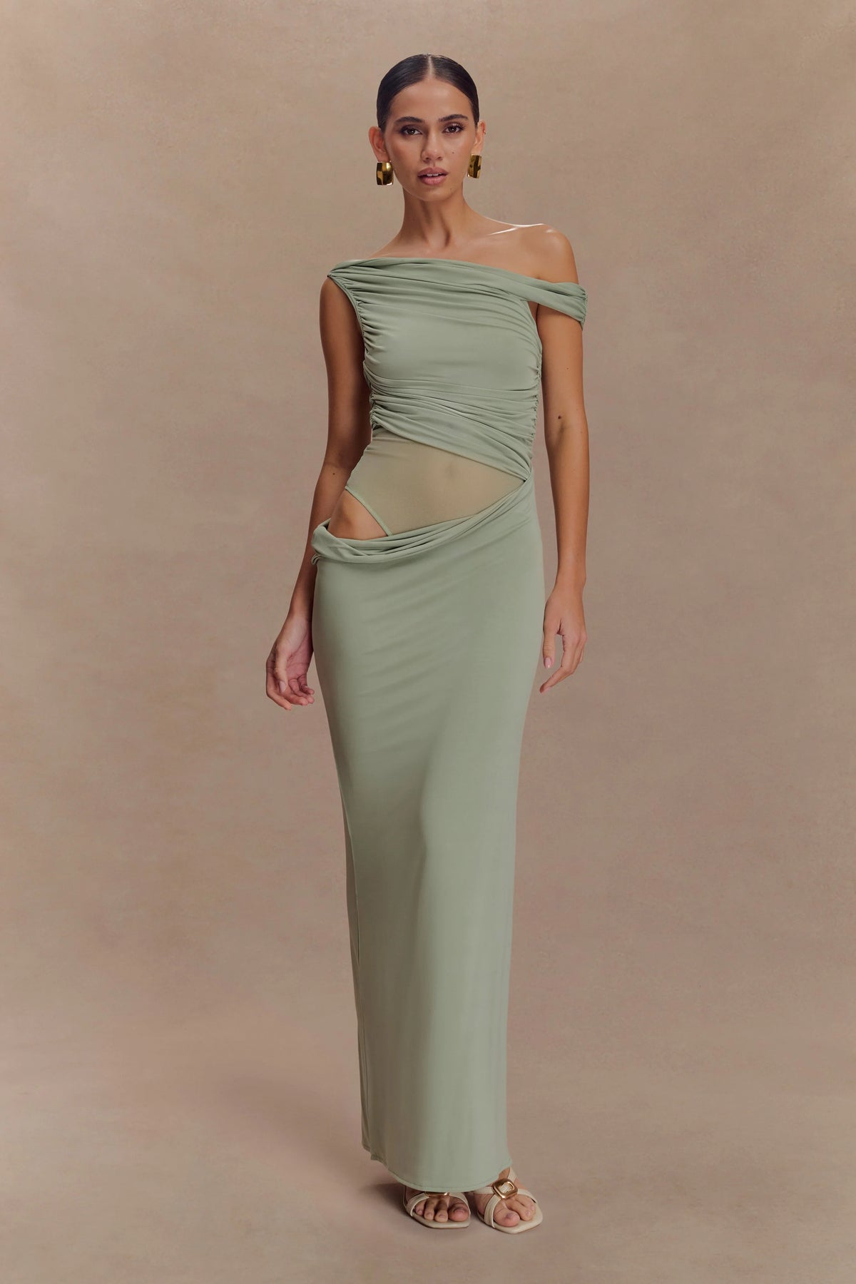 Callen One Shoulder Slinky Maxi Dress - Sage