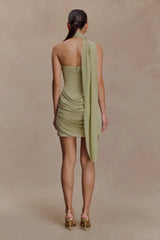 Mattea Slinky And Mesh Mini Dress With Scarf - Sage