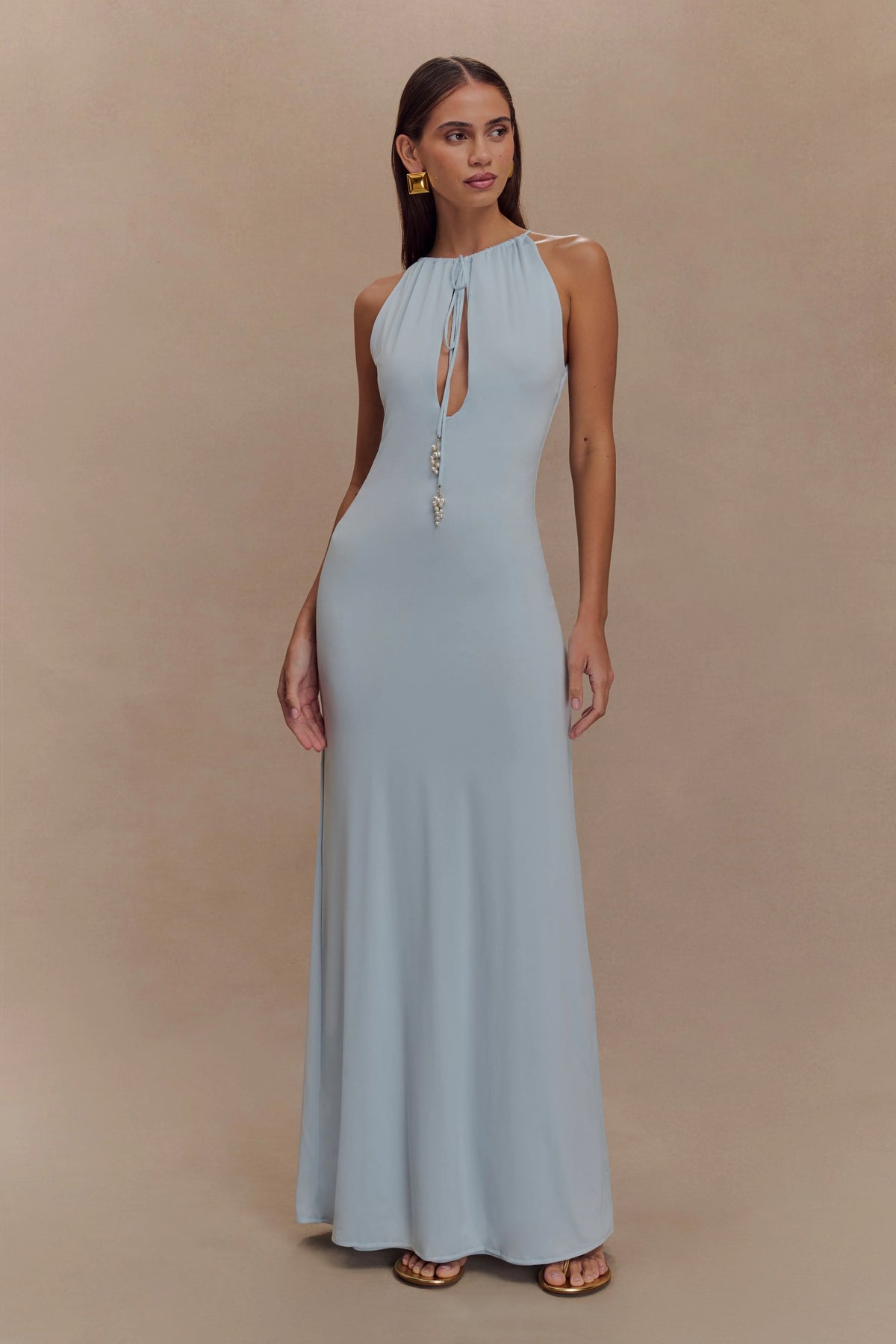 Beryl Slinky Maxi Dress With Pearls - Pale Blue