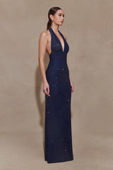 Harriet Halter Neck Diamante Maxi Dress - Navy