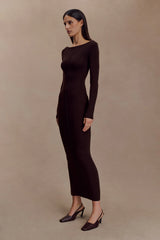 Cleona Merino Wool Ribbed Long Sleeve Maxi Dress - Deep Chocolate
