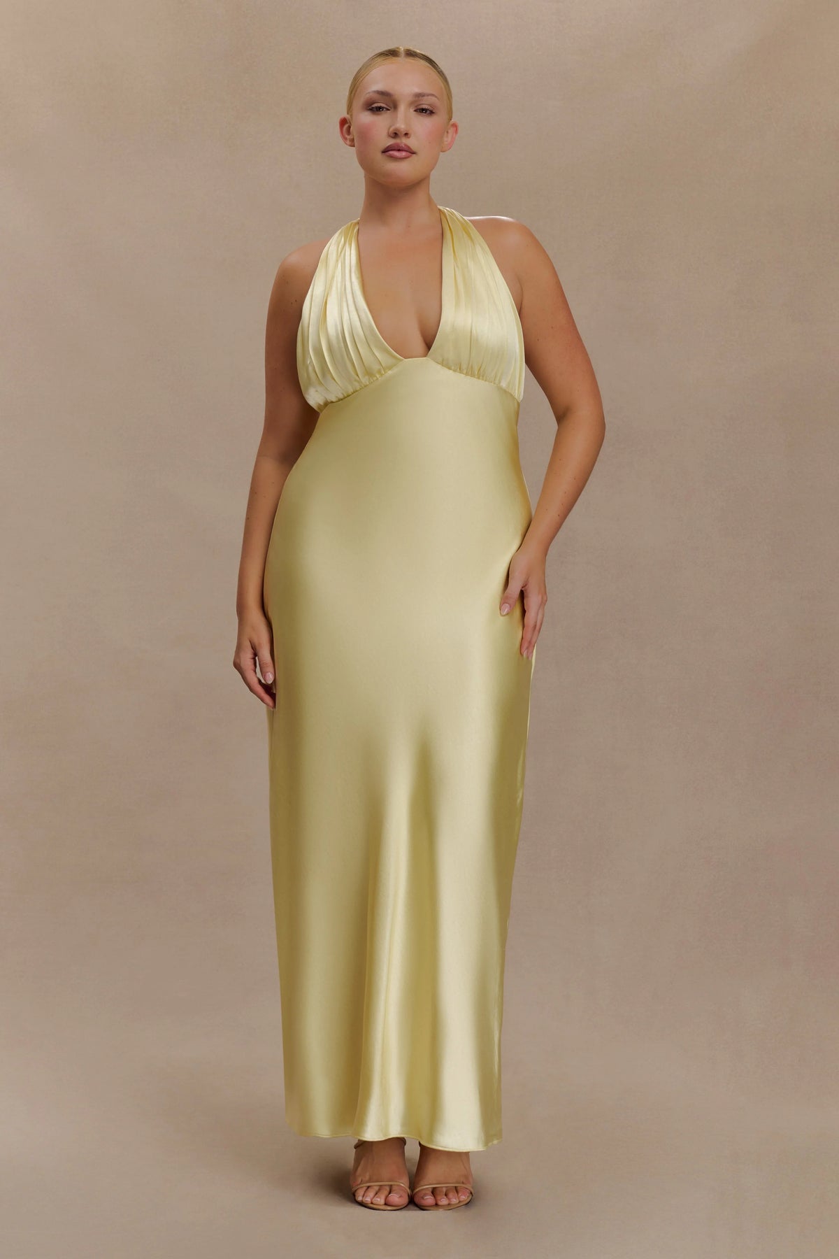 Alice Satin Halter Maxi Dress - Lemon