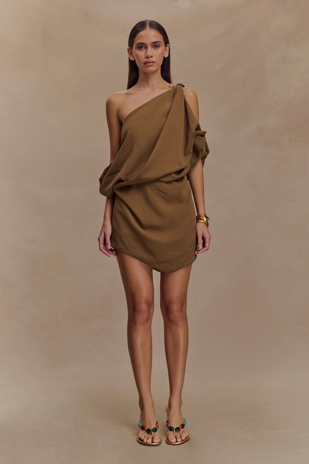 Gabriella Draped Mini Dress - Light Brown Marle