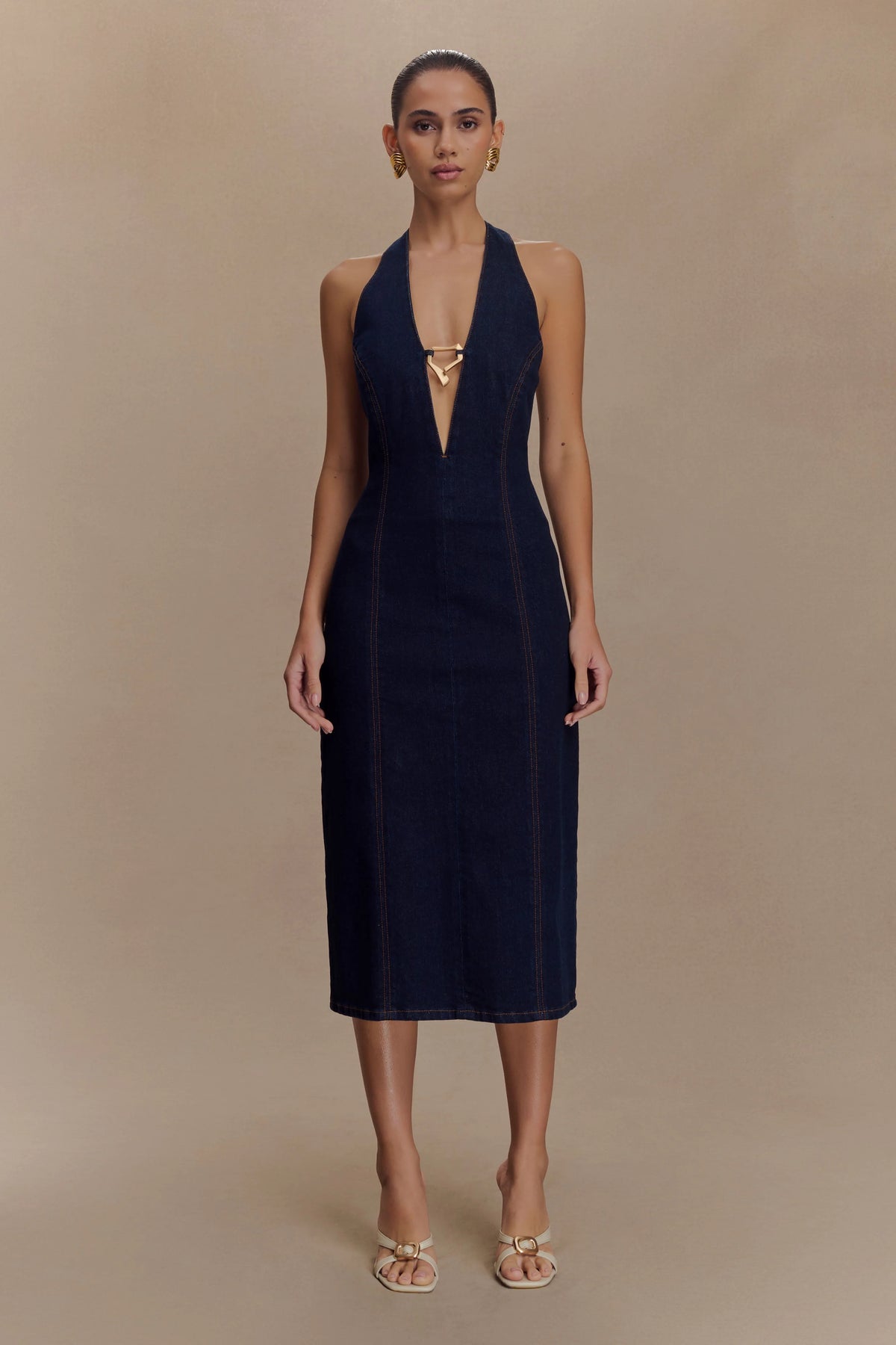 Shauna Denim Halter Midi Dress - Indigo Blue