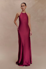 Bella Satin Halter Maxi Dress - Mahogany