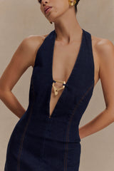 Shauna Denim Halter Midi Dress - Indigo Blue