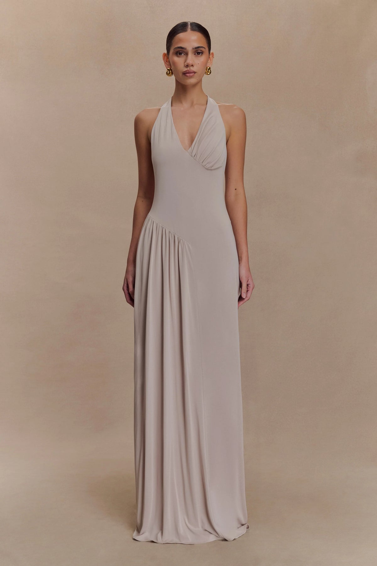 Yelena Ruched Halter Maxi Dress - Taupe