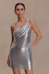 Lyle One Shoulder Glow Mesh Mini Dress - Silver