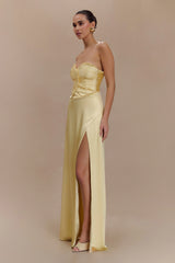 Larissa Satin Maxi Dress With Ruched Petals - Lemon