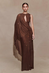 Bakari Diamante Cape Maxi Dress - Chocolate