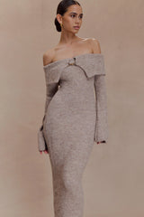Baxter Off Shoulder Fluffy Knit Midi Dress - Taupe Marle