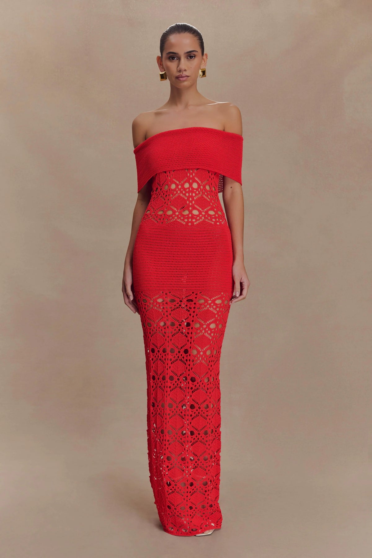 Solstice Off Shoulder Crochet Knit Maxi Dress - Blood Orange