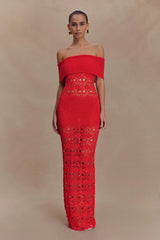Solstice Off Shoulder Crochet Knit Maxi Dress - Blood Orange