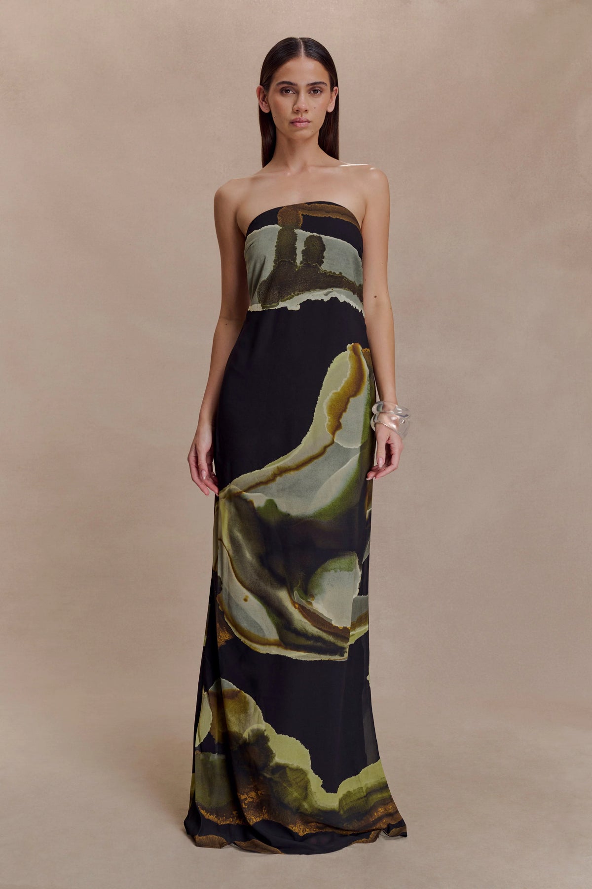 Amaya Strapless Chiffon Maxi Dress - Green Fluid Reverie Print