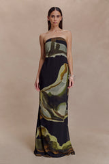 Amaya Strapless Chiffon Maxi Dress - Green Fluid Reverie Print
