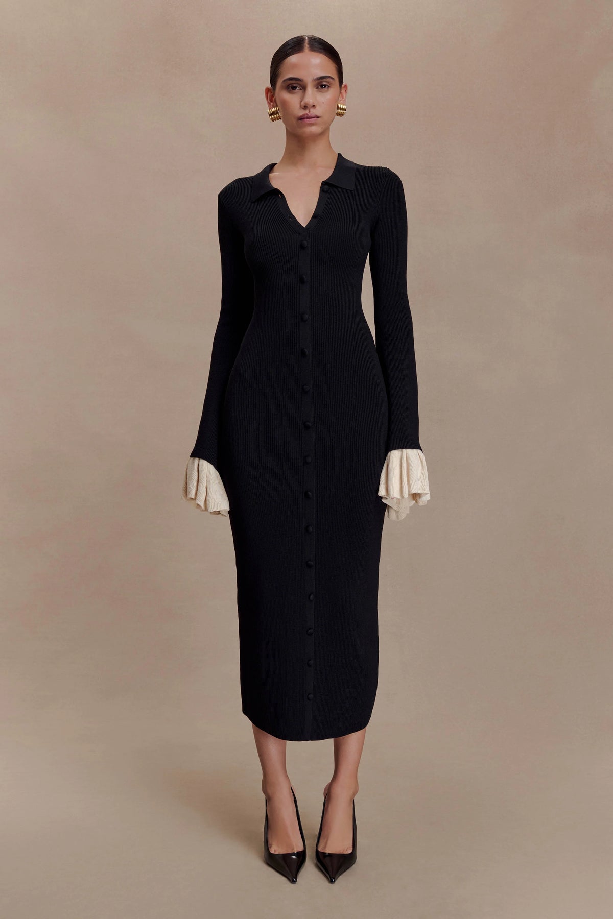 Amirose Ruffle Knit Midi Dress - Black