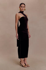 Mattea Velvet Midi Dress With Scarf - Chocolate
