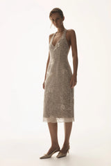 Lenore Silk Lace Halter Midi Dress - Ivory