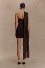 Mattea Slinky And Mesh Mini Dress With Scarf - Dark Chocolate