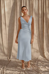 Raleigh Asymmetrical Slinky Midi Dress - Pale Blue