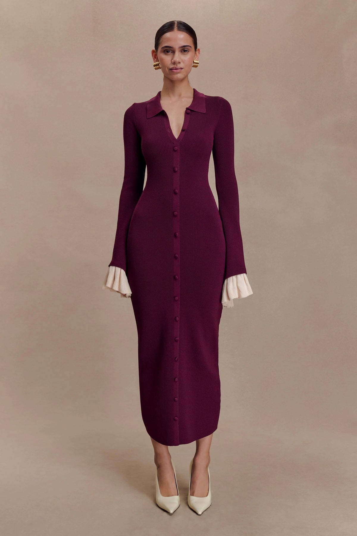 Amirose Ruffle Knit Midi Dress - Plum