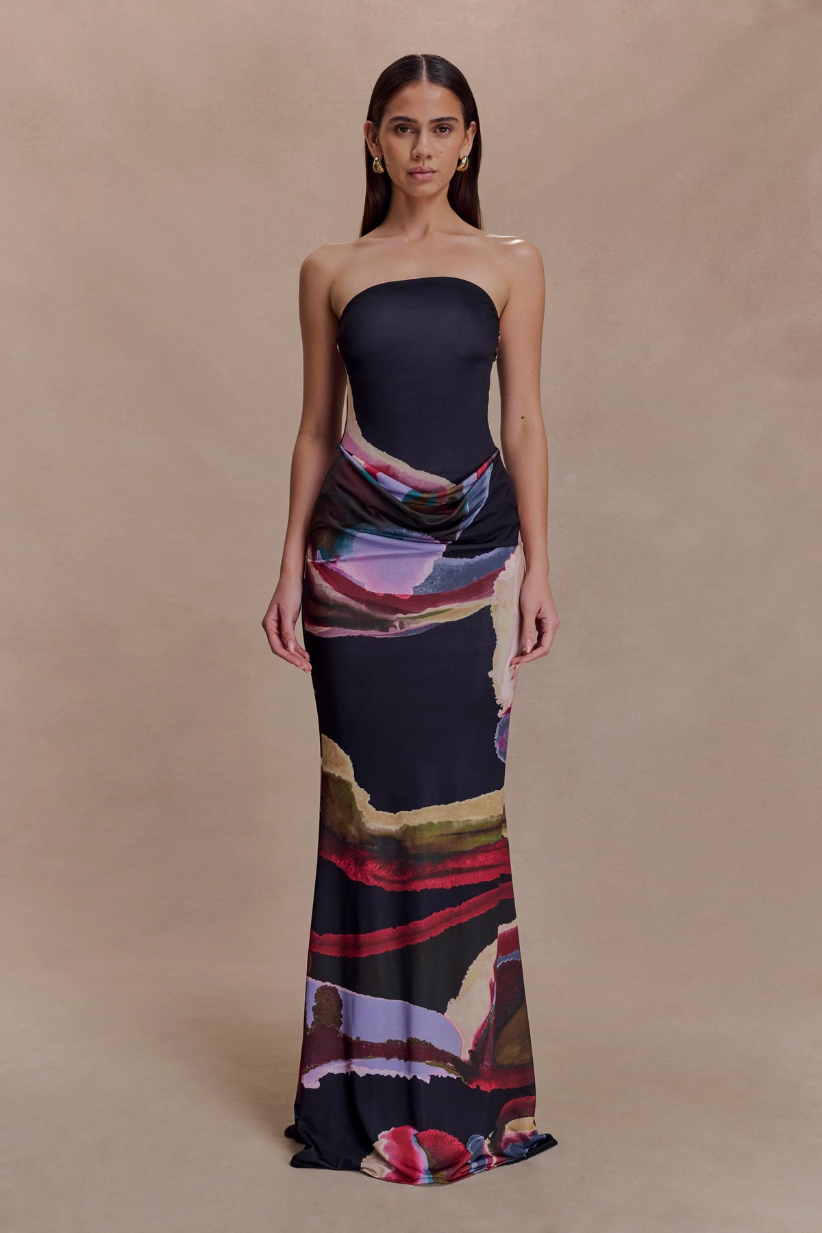 Madison Strapless Slinky Maxi Dress - Multi Fluid Reverie Print