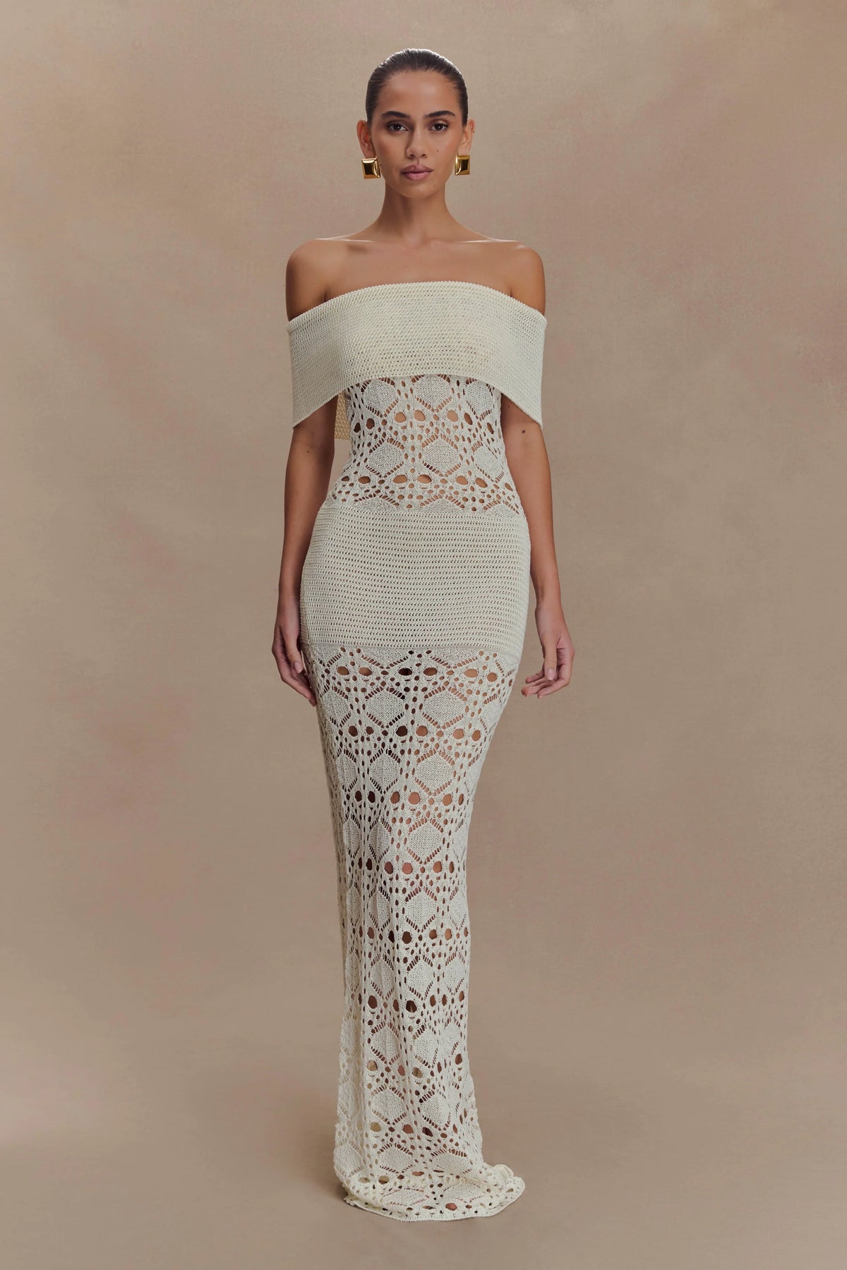 Solstice Off Shoulder Crochet Knit Maxi Dress - Ivory