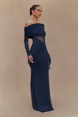 Kaitlin One Shoulder Slinky And Mesh Maxi Dress - Midnight Blue