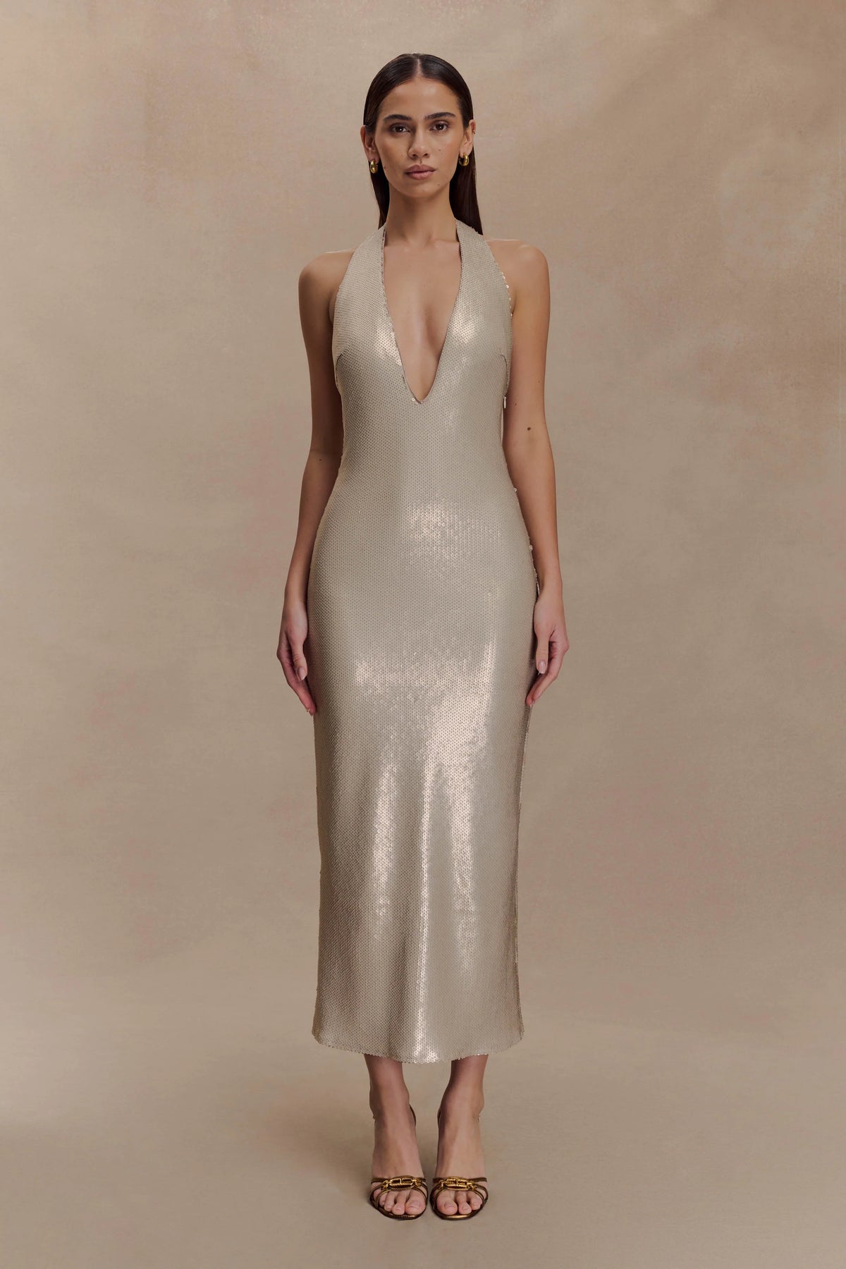 Carnation Sequin Halter Midi Dress - Gold
