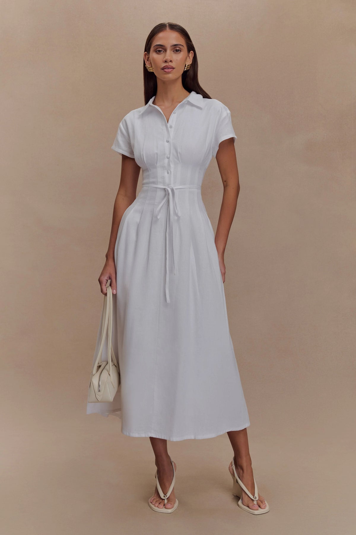 Aysha Buttoned Linen Midi Dress - White
