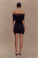 Caspian Slinky And Mesh Off Shoulder Mini Dress - Black