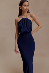 Elina Satin Necklace Maxi Dress - Navy