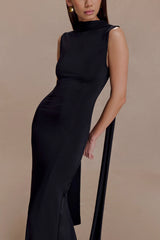 Wisteria Slinky Maxi Dress With Scarf - Black