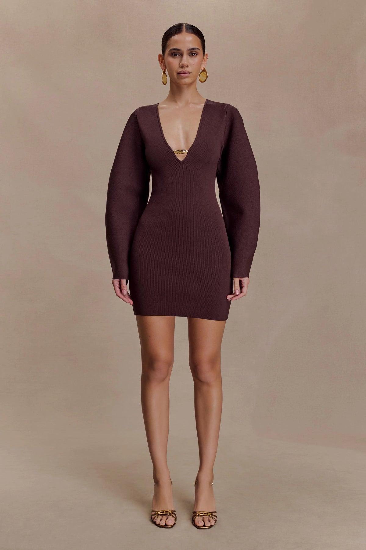 Billy Balloon Sleeve Knit Mini Dress - Dark Chocolate